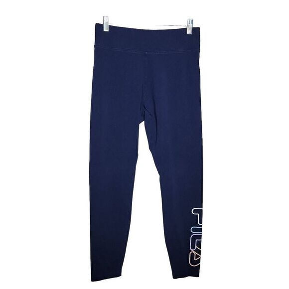 Fila High Waist Logo Cropped Stretch Knit Leggings Navy Blue Medium - Picture 1 of 8